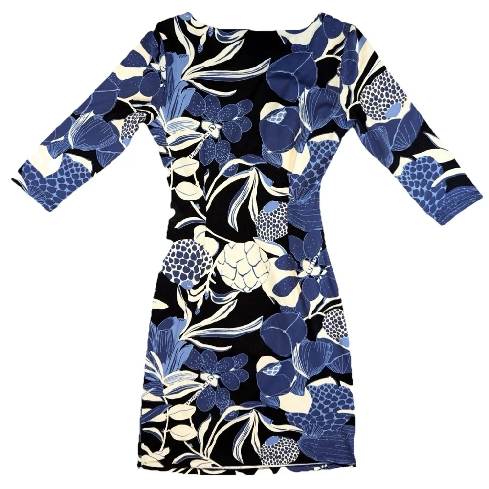 J McLaughlin Size S Blue Floral Catalina Cloth Ruched Sheath Dress 3/4 Sleeve - Picture 9 of 15